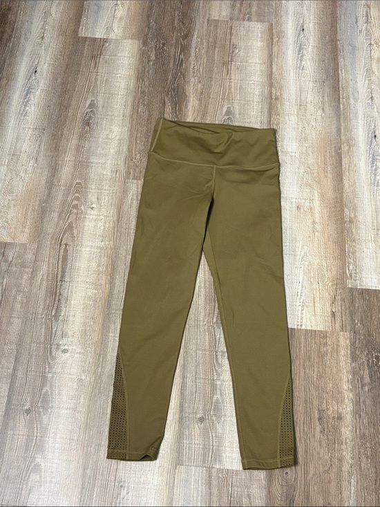 Savvi Pants - High-Rise Olive Leggings with Perforated Hem
